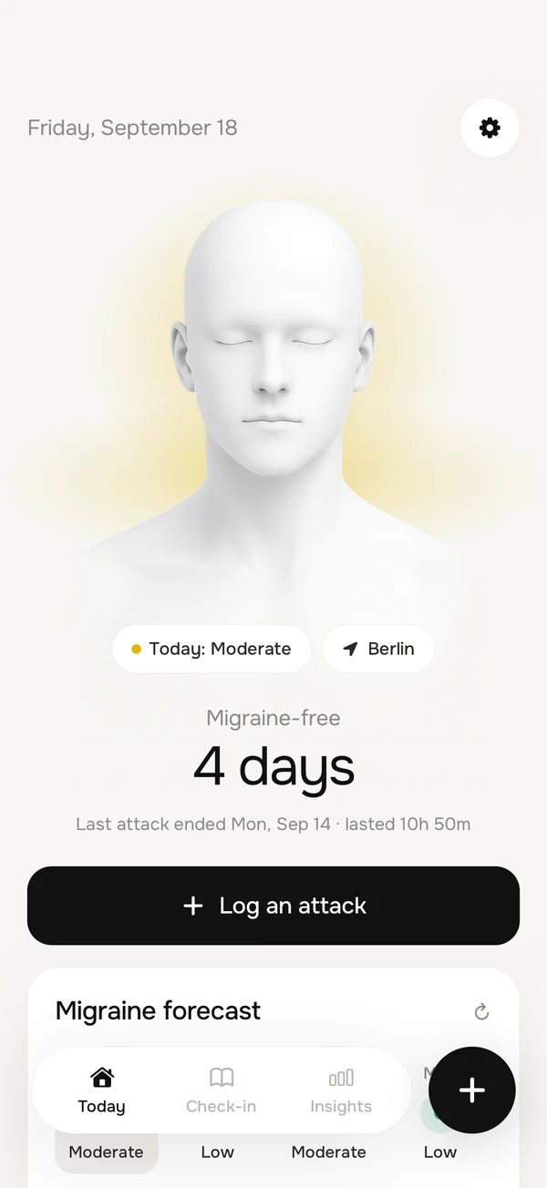 Headrest showing today's migraine risk and days since the last attack
